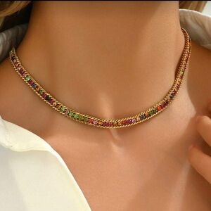 Gold Plated Stainless Steel Rainbow Cubic Zirconia Necklace